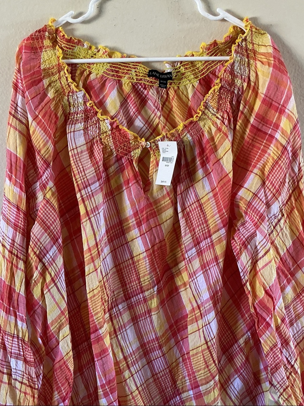 Lane Bryant Yellow & Coral Plaid Peasant Blouse